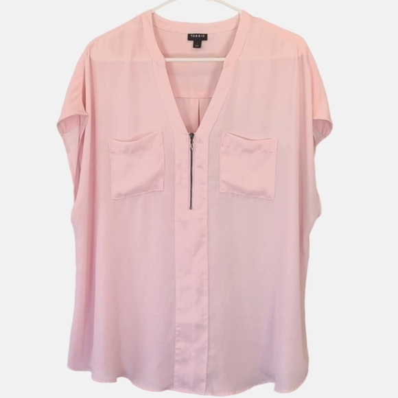 Torrid Georgette Light Pink Zip Front Cap Dolman Sleeve Blouse 1X Women’s - Picture 4 of 7